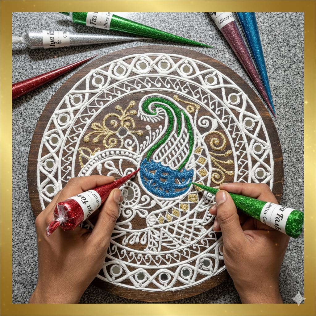 Lippan art peacock made with Glittercone glitter cones